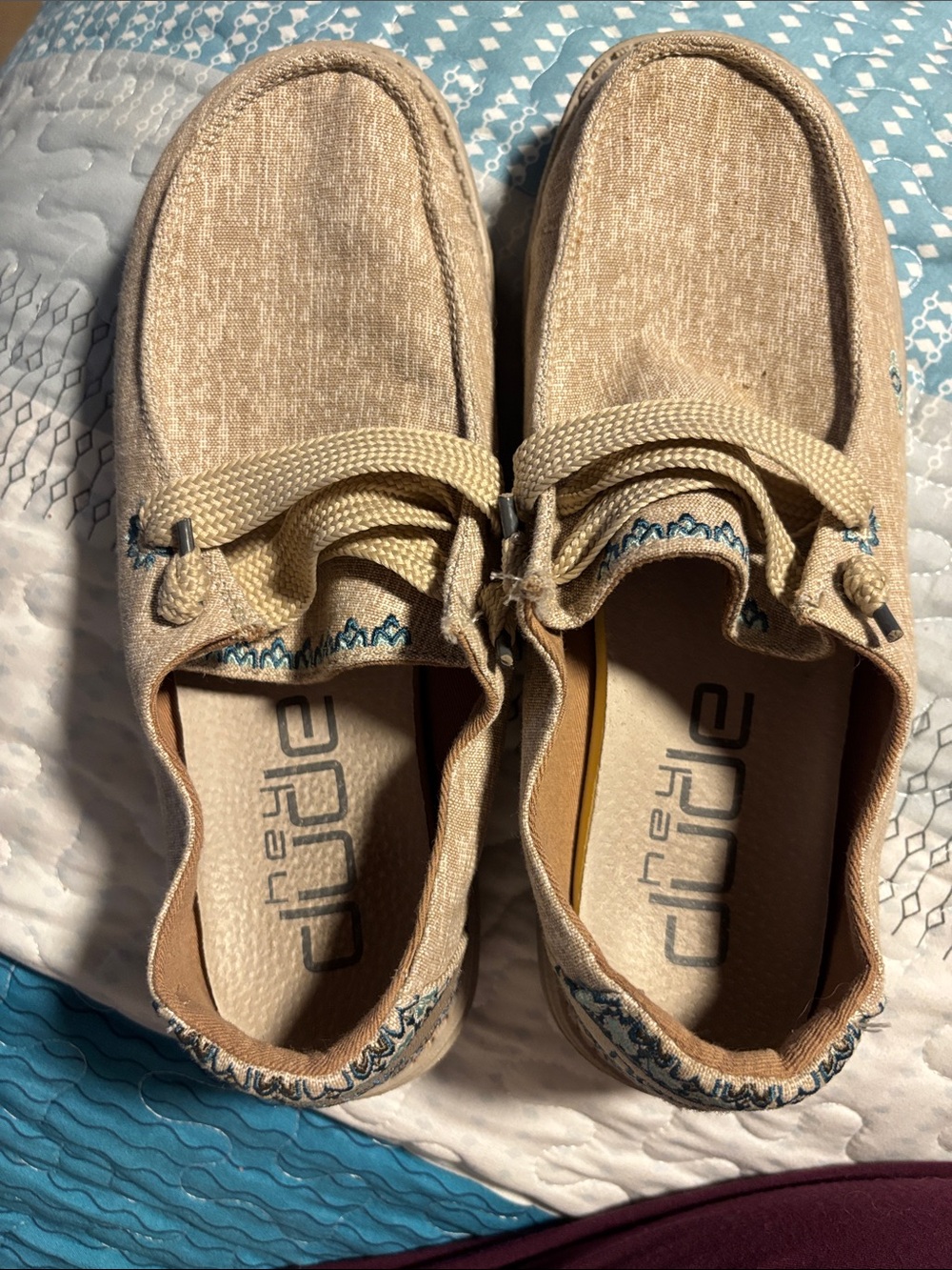 Hey Dude Beige Womens Slip-On Moccasins with Blue Stitching